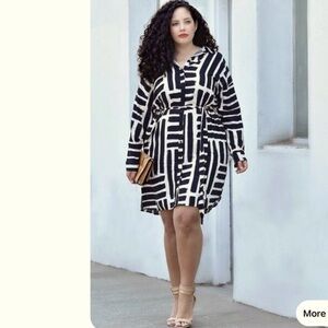 Capsule Black Sleeve Button Down White Long Geometric Print Shirt Dress 24